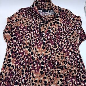 Susan Graver Leopard Print Cowl Neck Pullover in Purple,Brown, Black & Cream,‎ L